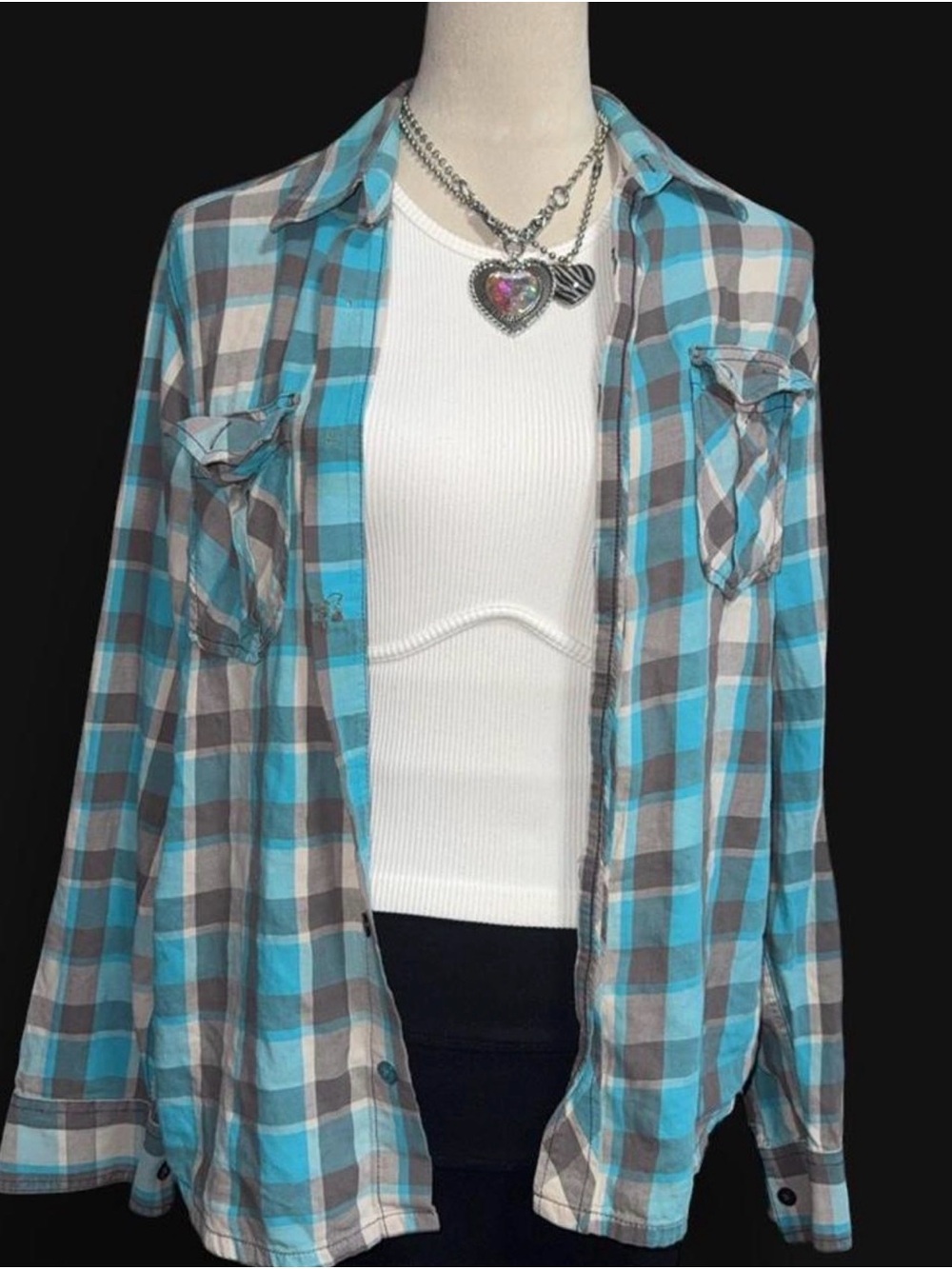 OP Blue and Gray Plaid Button-Up Shirt Jacket Womens Y2K